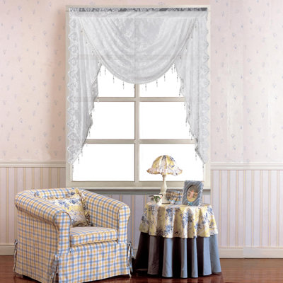 39"x 41" Sheer Lace Waterfall Window Valance with Bead Tassels Floral Embroidered Valance Curtains, Semi Sheer Rod Pocket Valance/Swags for Bedroom/Living Room/Kitchen/Basement, 1 Piece, (White)