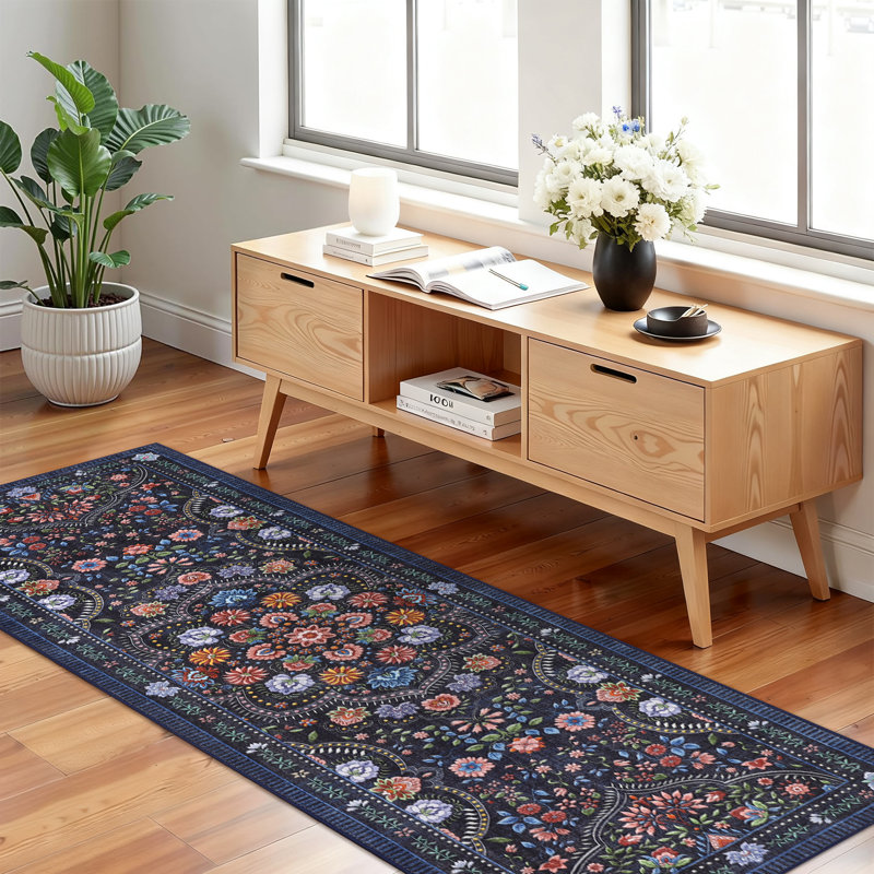 Washable Floral 2x6 Kitchen Rugs Farmhouse Hallway Runner Rug Non Slip Back for Bedroom Laundry Bathroom Dark Blue, Blue