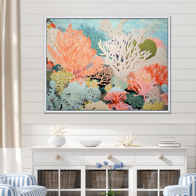 Colorful Coral And Anemones Scenery I - Coastal Coral Under Water Framed Canvas Print Wall Art