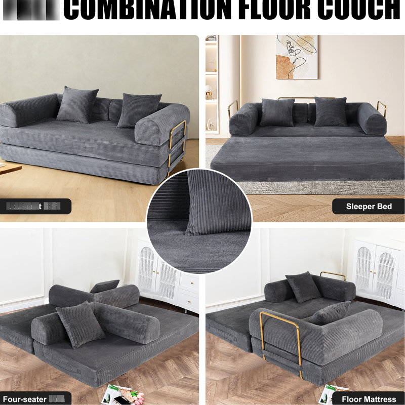 Lit convertible de 21 pouces, canapé sans os de 75 pouces, mousse à mémoire de forme, 2 oreillers, salon, gris cendré, microfibre, convertible 3 places compressé avec mousse et fausse fourrure, pour espaces polyvalents, tissu gris cendré.