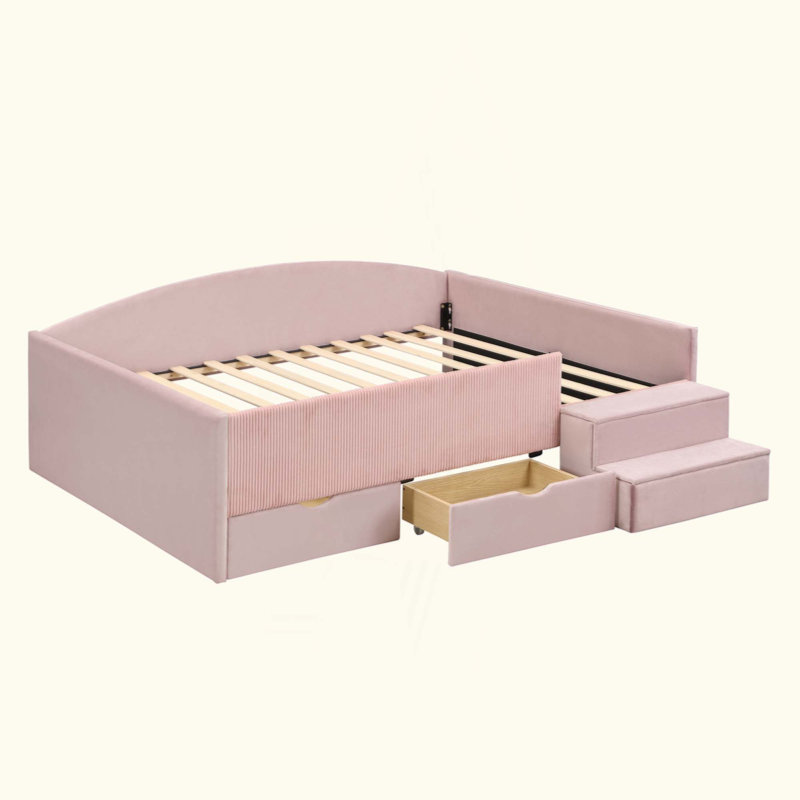 Structure de lit de jour rembourrée avec 2 tiroirs de rangement, Lit double, Rose