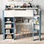 Lit mezzanine double en bois pleine grandeur blanc et bleu avec garde-robe intégrée et espace d'étude de conception moderne, espace fonctionnel, structure de support de rangement facile à installer, utilisation multiple, aménagement compact-797965083