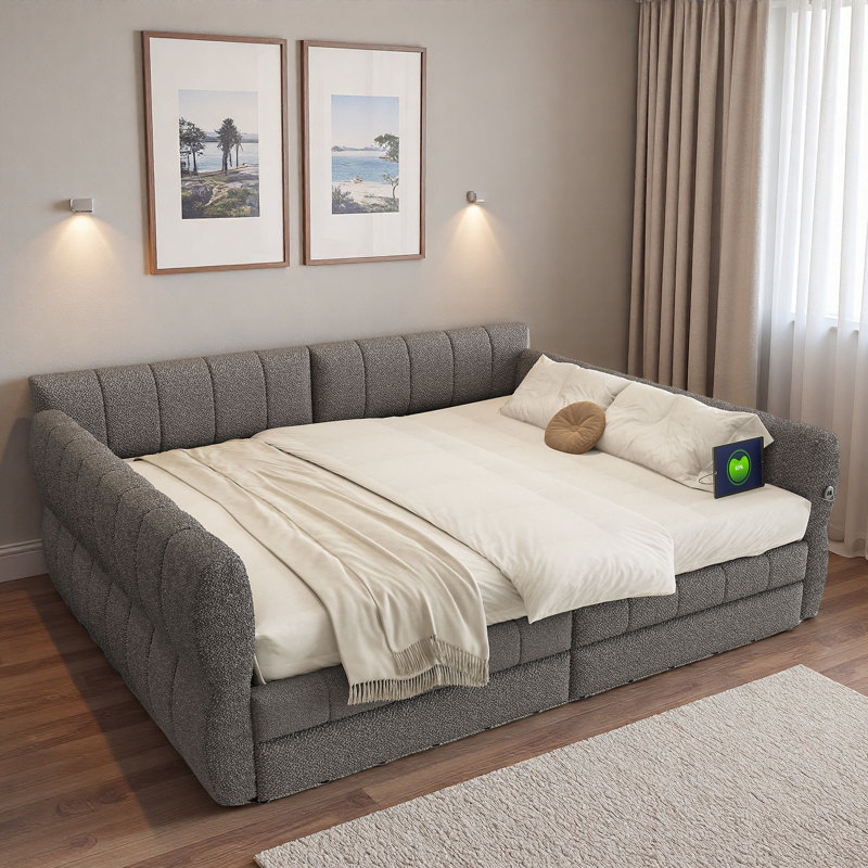 Élégant lit plateforme tapissier avec ports USB et 2 tiroirs, Gris