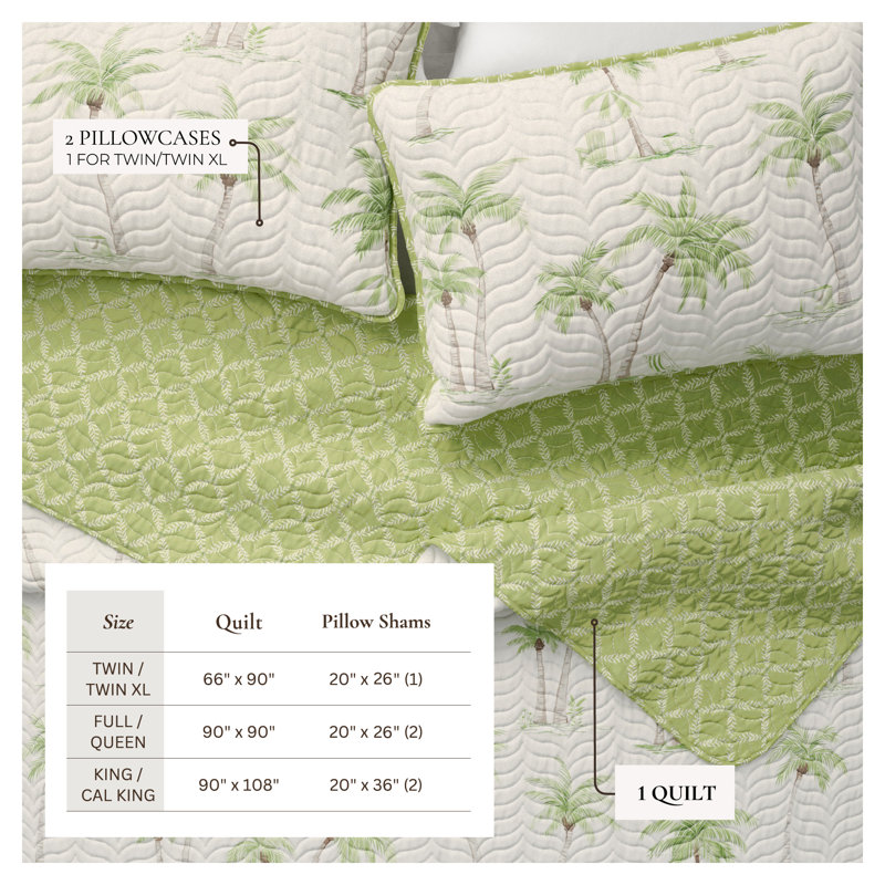 Ensemble de courtepointe réversible vert / blanc Palm Tree, Courtepointe double / grand + 2 taies décoratives