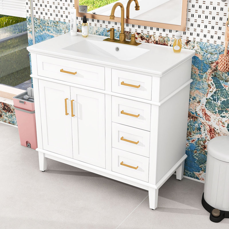 Meuble-lavabo de 36 po avec deux portes à fermeture douce et quatre tiroirs, Blanc