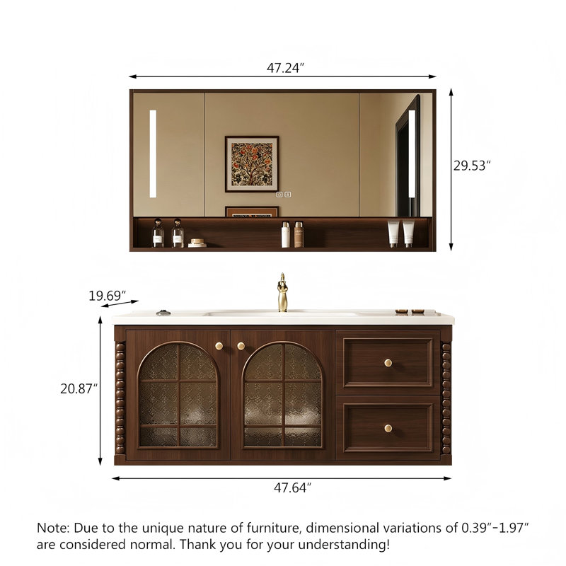 Meuble-lavabo mural en bois d'hévéa massif brun avec 2 tiroirs et miroir intelligent, H 20,87 po x l 47,64 po x P 19,69 po