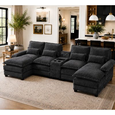 126‘’W U Shaped Cloud Couch Sectional Sofa,chenille Cloud Black Sectional Couches With Double Chaise Lounge For Living Room