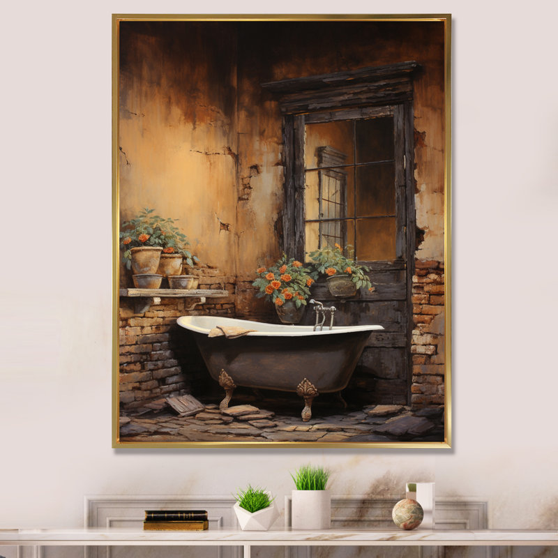 Bentina Bathroom Rustic Charm I - Art mural de salle de bain, 32" H x 24" W, Cadre flottant doré
