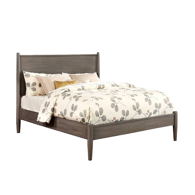Lit plateforme gris Mid-Century moderne en bois pleine grandeur, pieds ronds fuselés, assemblage à lattes, sans sommier pour lit de chambre à coucher avec ensemble et construction robuste, nécessaire