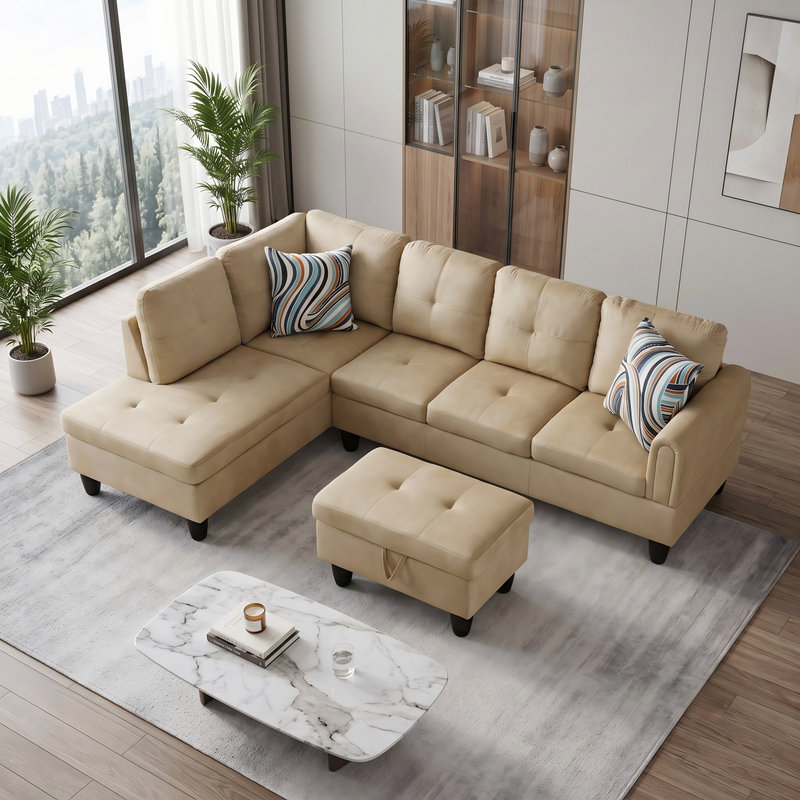 Canapé modulaire rembourré réversible avec repose-pieds, Flanelle beige, Orienté vers la gauche