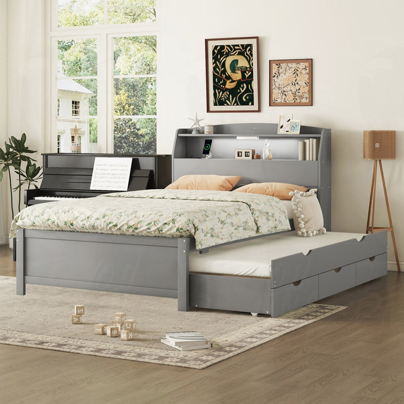 Lit plateforme avec rangement et tiroirs, Gris, Double