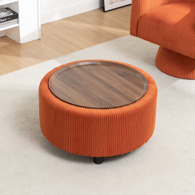 Table basse ronde avec rangement Pietsch, Velours côtelé orange