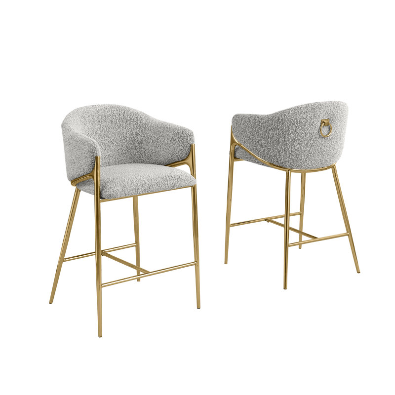 Barstools In Teddy Boucle Fabric, Bar Stool (30" Seat Height), Rich Gray Seat/Gold Frame