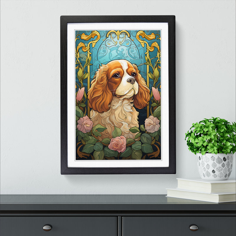 Cavalier King Charles Spaniel Nouveau - Single Picture Frame Print on Wood, 64cm H x 46cm W x 2cm D, Black Framed
