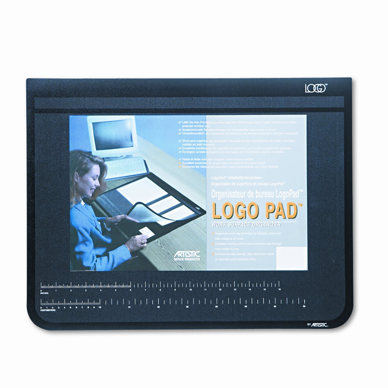 Black and Clear Vinyl Desk Pad with Transparent Overlay and Non-Slip Base