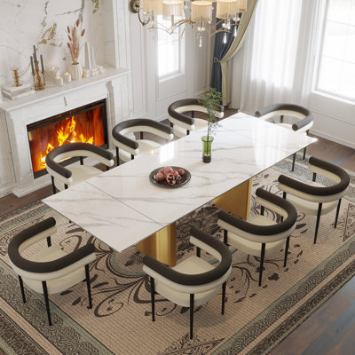 9 - Piece 63'' To 94.5'' Extendable Dining Table Set Sintered Stone Dining Table With 8 Upholstered Armchair