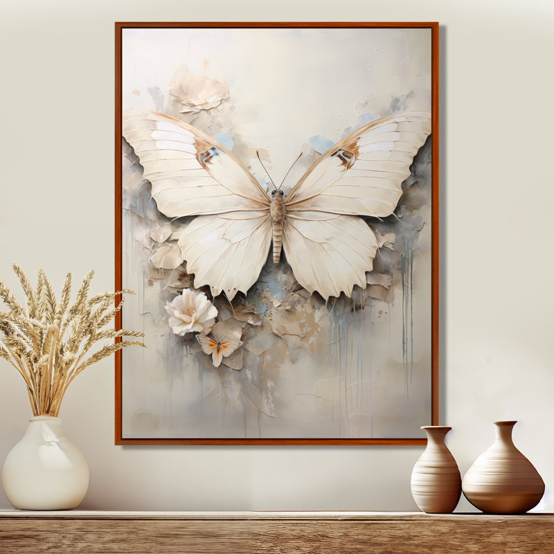 Minimalisme, papillon beige - art mural papillon, H 40 po x l 30 po x P 1,5 po, Cadre flottant brun