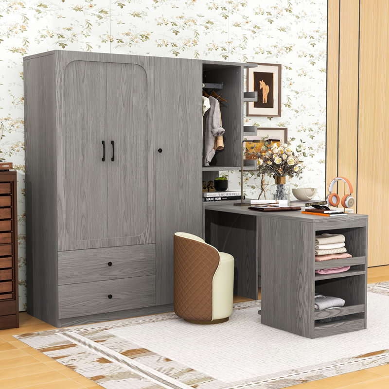 Armoire multifonctionnelle avec bureau pliable convertible, tiroirs de rangement, tablettes et tringle, Gris