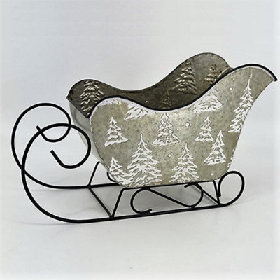 Silver With White Trees Metal Sleigh Planter