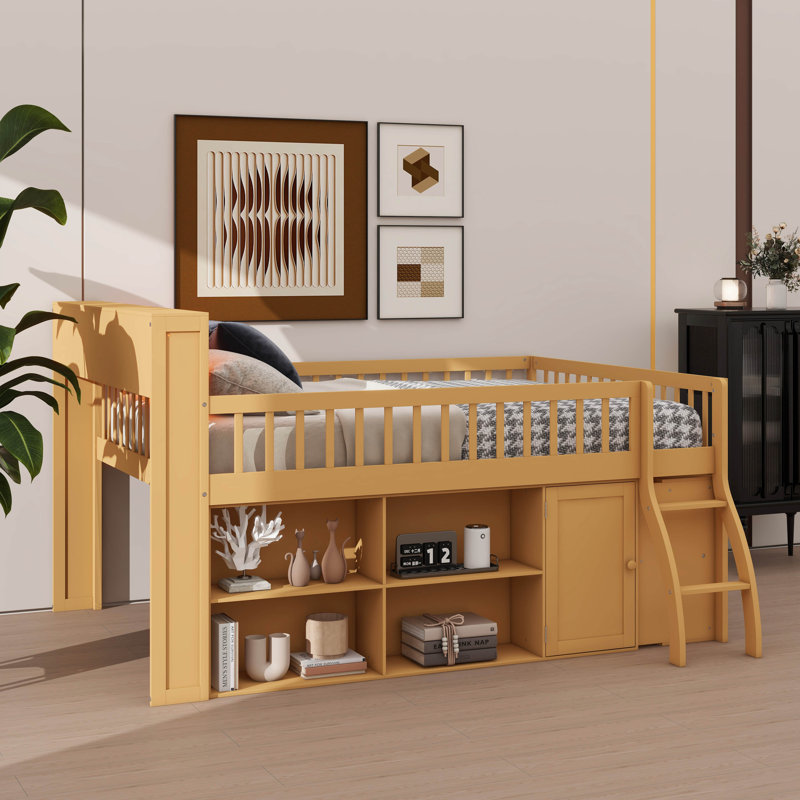 Structure de lit mezzanine en bois avec tête de lit équipée de rangement et éclairage DEL, lit mezzanine compact avec solutions de rangement intégrées
