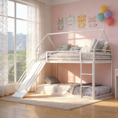 Twin Over Twin Metal Frame Kids Bunk Bed With Slide & Ladder