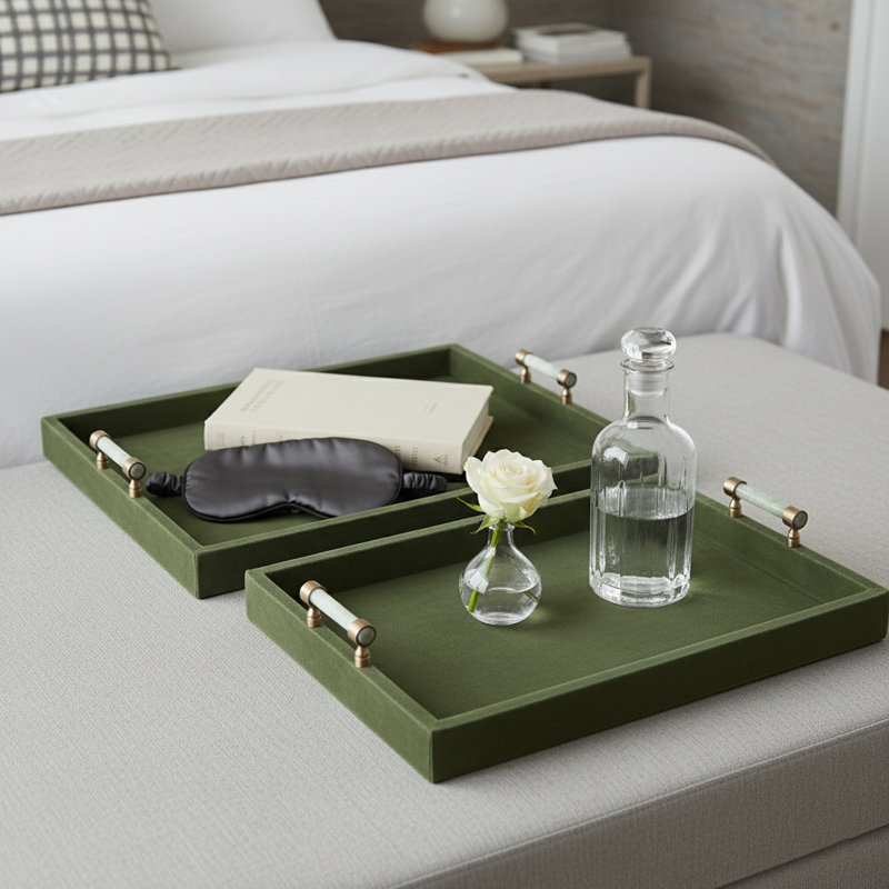 Stylish Accent Tray With Stone And Metal Handles - Decorative Ottoman Tray For Console Tables Or Home Decor - Set Of 2, 20", Green