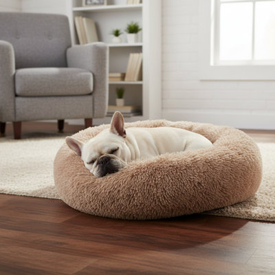 Lit pour chien de taille moyenne à grande, lavable 33 po, lit rond en fausse fourrure antidérapant, couleur chameau.