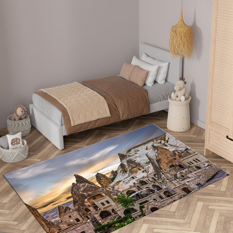 Tranquil Forest Scene Non-Woven Thin Type Printed Rug with Verdant Greenery and Soft Blue Sky Design, Rectangle 2' x 2'11"