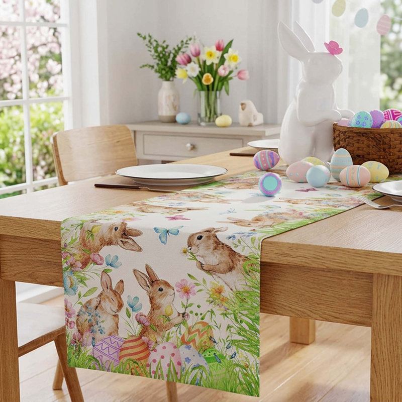 Chemin de table de Pâques avec œufs de lapin et papillons en polyester