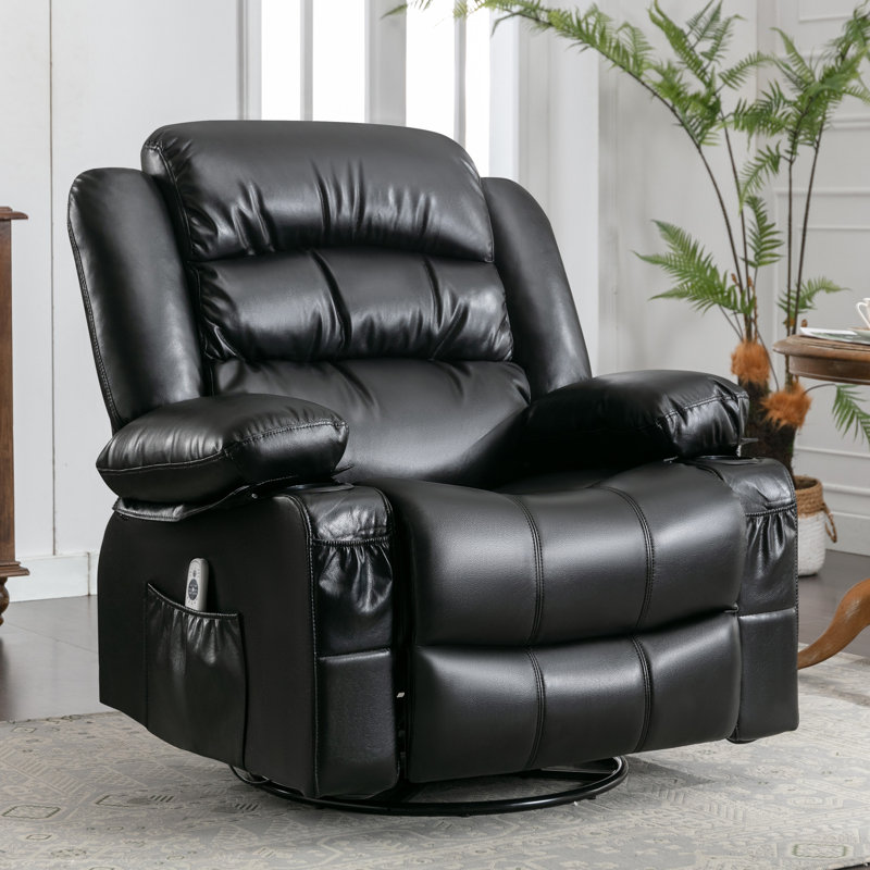 39.76 In. W Leather Recliner With Rocking, Remote Control, Tufted And Storage, Black