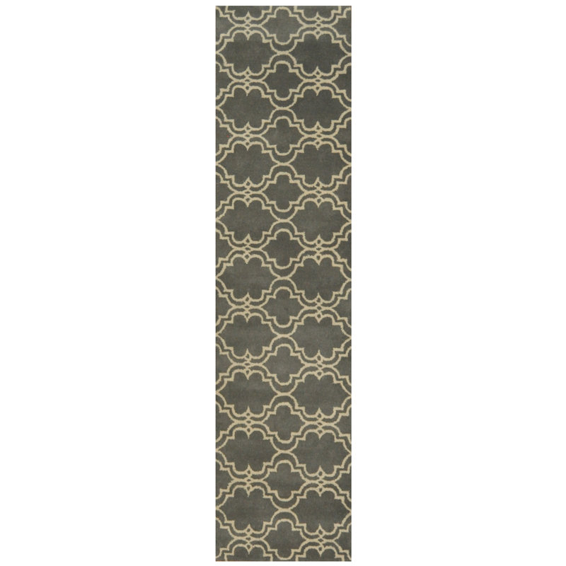 Tapis de couloir gris en laine noué à la main de conception unique 2 pi 6 po x 10 pi