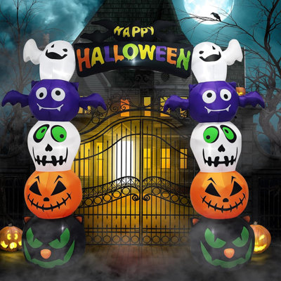 8.2FT Light-Up Halloween Inflatable Archway with Stacked Pumpkin, Ghost & Bat Figures, Built-in LED Lights for Outdoor Yard & Party – Festive Horror Style