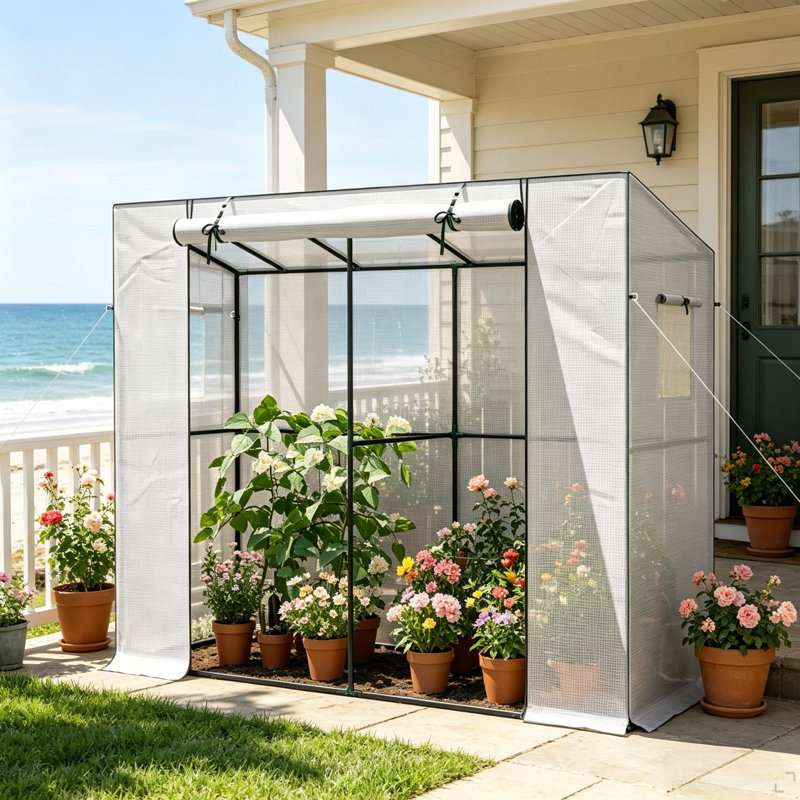 Outdoor Small Greenhouse With Roll-Up Door,Portable Greenhouse,Walk-In Greenhouse, White