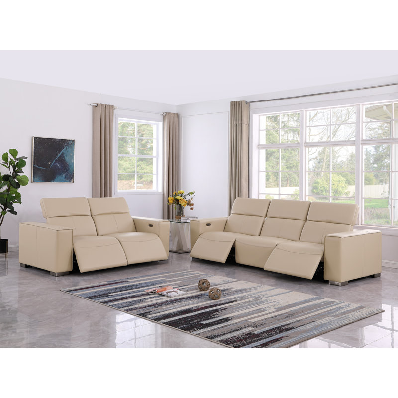 Luxurious Modular Power Reclining Sofa And Loveseat Set – Genuine Leather With Power Headrests, Beige