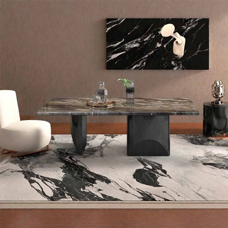 Table basse rectangulaire en marbre clair, H 15,4 po x L 55,1 po x l 31,5 po, Gris / Noir