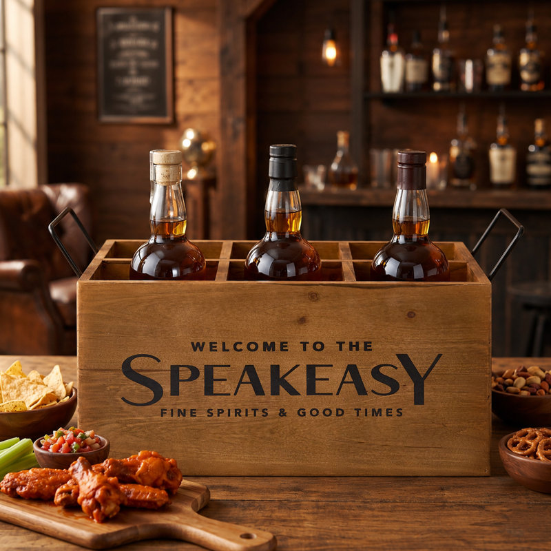 Speakeasy 6-Bottle Whiskey, Bourbon, Vodka Wooden Crate with Metal Handles, Rustic Drink Caddy and Divided Drink Carrier, Whiskey Gifts for Men, Dad, Husband, Home Bar & Man Cave Decor