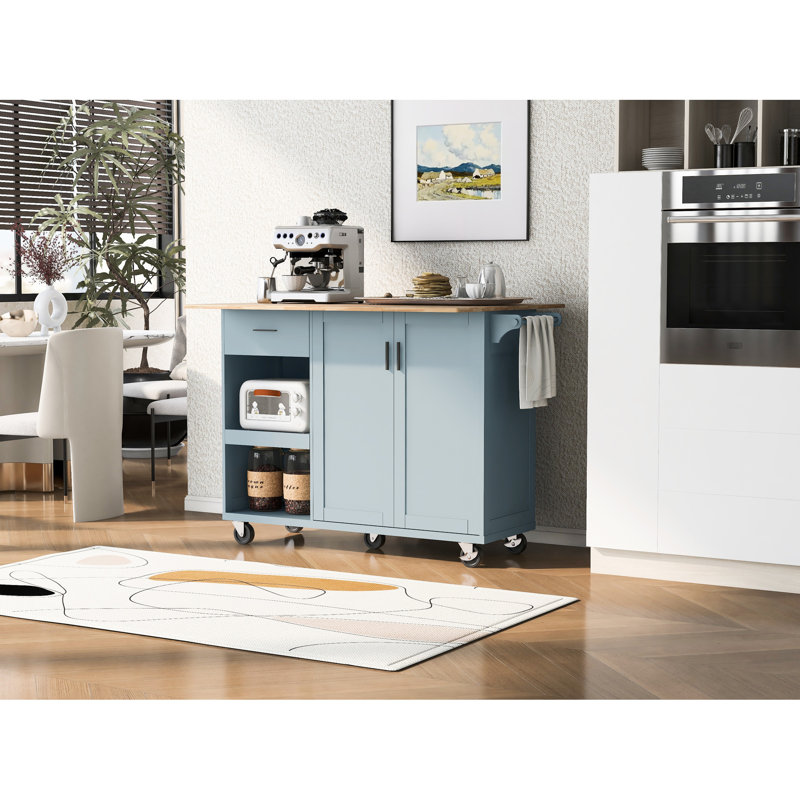 Foldable Kitchen Storage Island, Grey Blue. Two Doors + One Drawer Slide-out Shelf. Spacious Space Blue Cart With Counter And