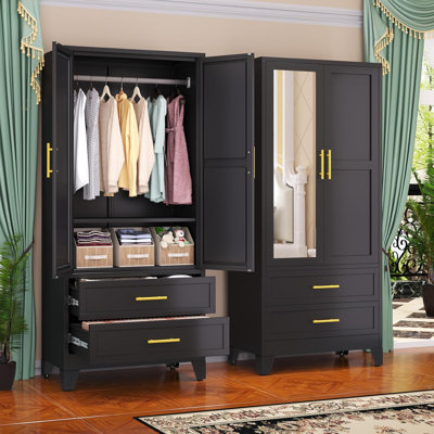 Steel Armoire Wardrobe Closet with Mirror, 71" Metal Clothes Storage Cabinets with 2 Doors, 1 Adjustable Shelf, 2 Drawers, Metal Wardrobe Cabinet with by Winston Porter