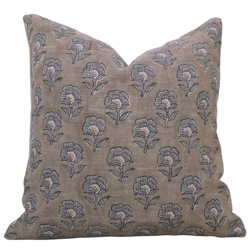 Fabdivine Natural Linen Pillow Cover Block Print Boho Throw Cushion for Modern Homes  Khajur Buta Size-16X16, Gray Floral 4