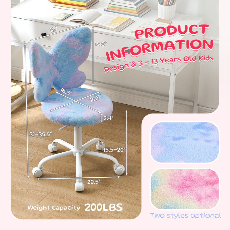 Fluffy Butterfly Desk Chair - Comfy Adjustable Height Swivel Kids Desk Chair Kids Office Roller Chair Vanity Chair for Reading & Vanity,Blue