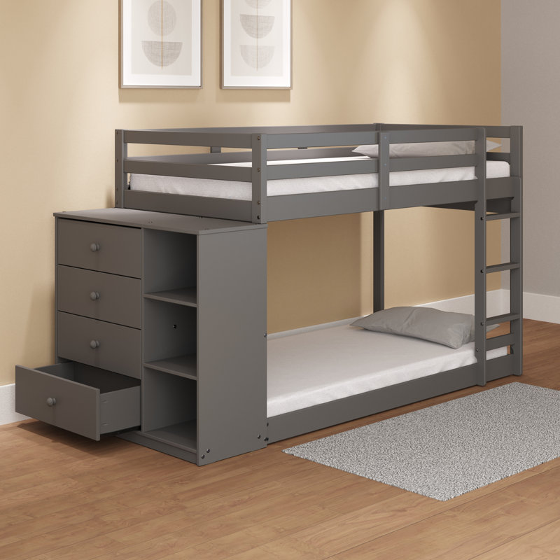Lit superposé simple gris avec 4 tiroirs et 3 compartiments ouverts, 3/4 tiroirs d'extension, système de lattes, fixe, arrêt, garde-corps facile d'accès, fait de pin, lit de 34 po, finition, capacité de poids