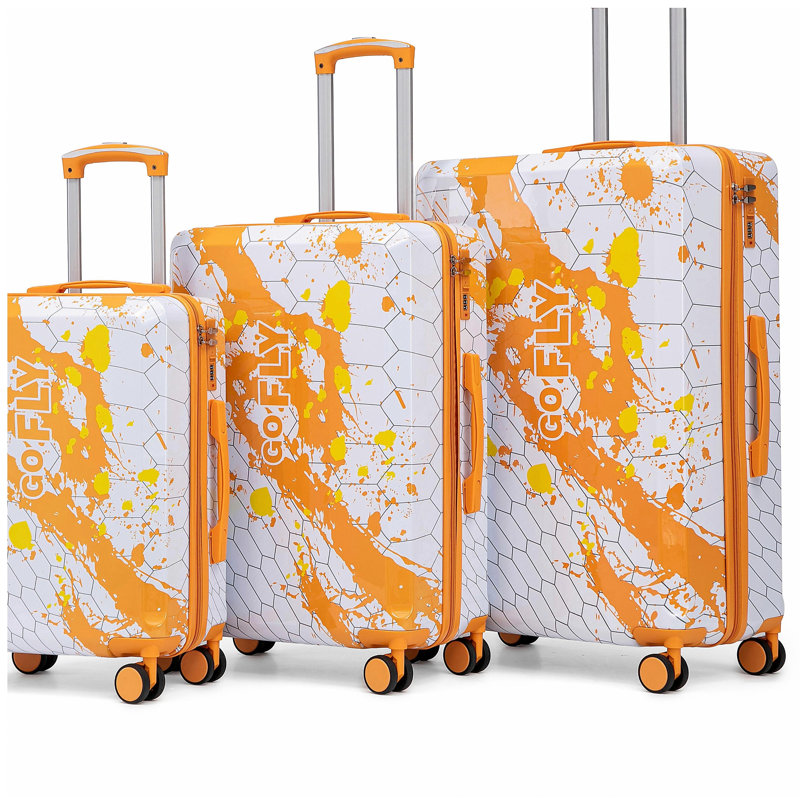 20 po / 24 po / 28 po 3 pièces / ensemble dans une valise à roulettes pour PC, valise de transport, avec motif imprimé et serrure à combinaison (orange)