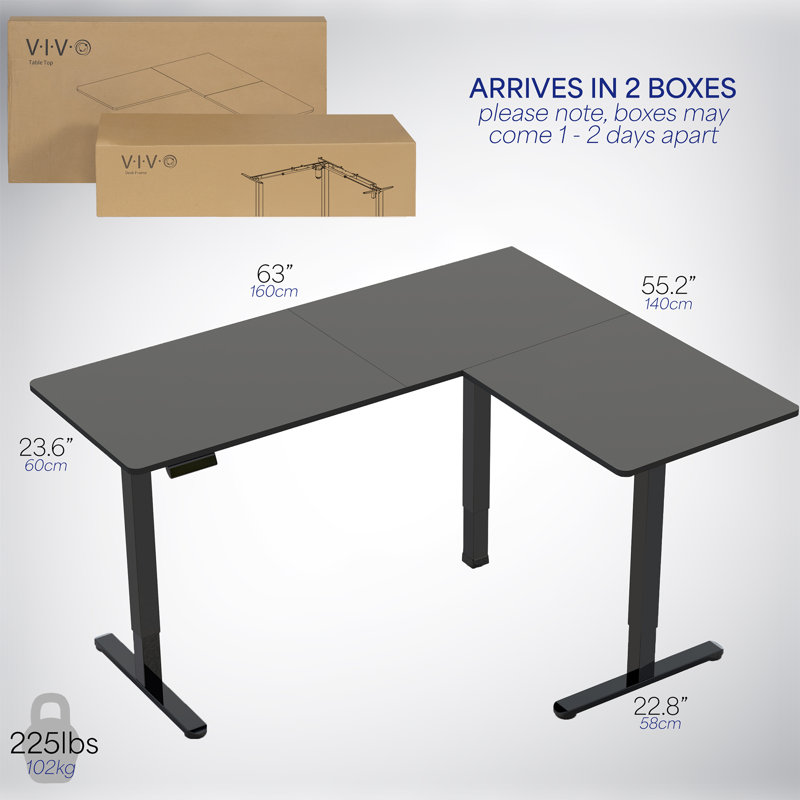Bureau debout d'angle électrique VIVO, Noir / Noir, 55 po x 63 po