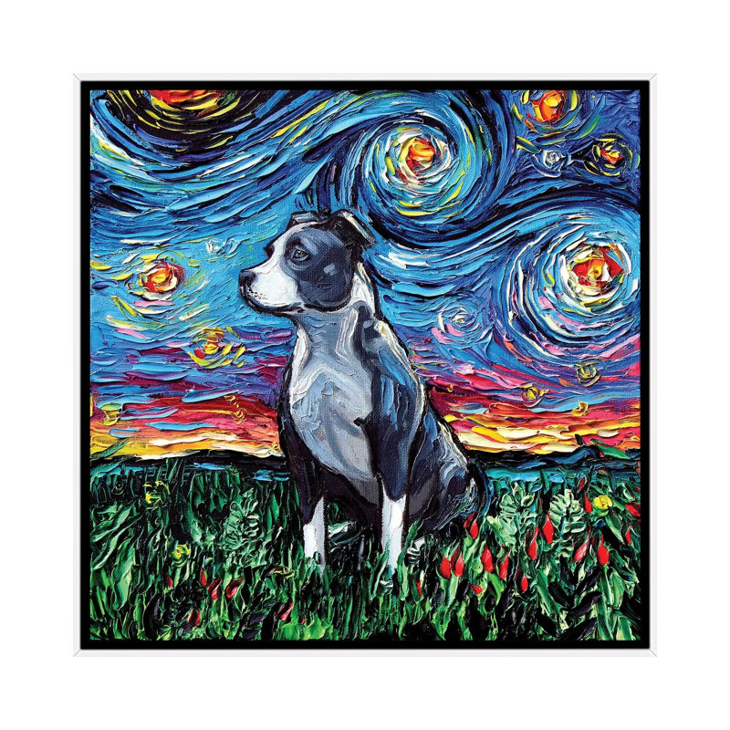 « Pitbull Night » par AJA trier, reproduction d’art, H 18 po x l 18 po x 1,5 po, Toile blanche encadrée, Pas de tapis
