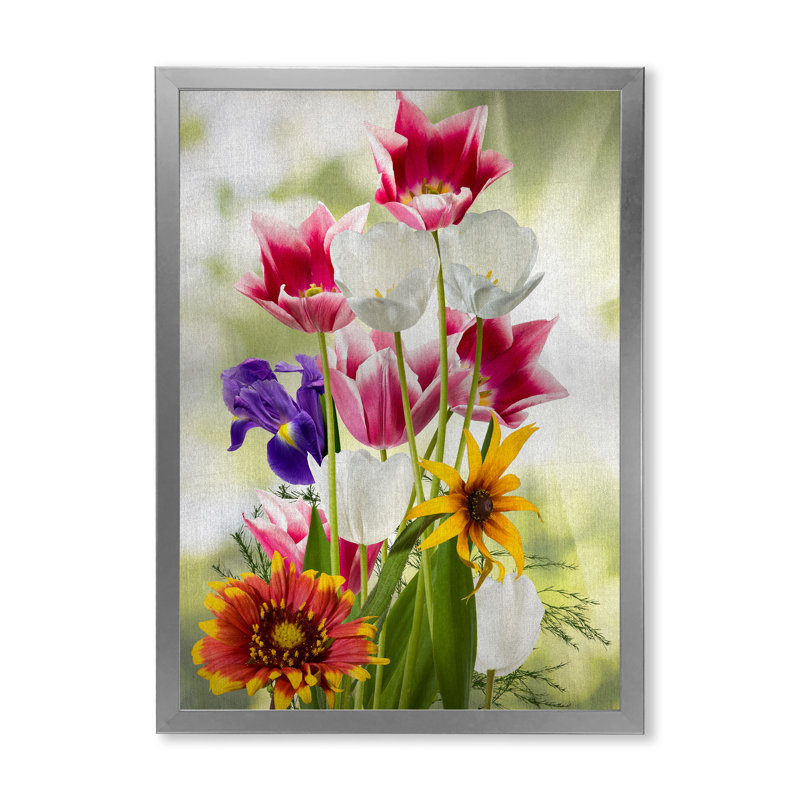 Vibrant rouge mauve et fleurs sauvages jaunes - peinture sur toile, H 32 po x l 16 po x P 1 po, Cadre photo argenté