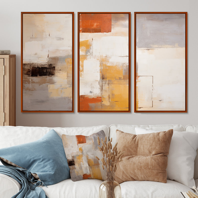 Serenity déconstruit cubiste orange - ensemble d'art mural abstrait, Cadre flottant brun, H 32 po x l 48 po x P 1 po