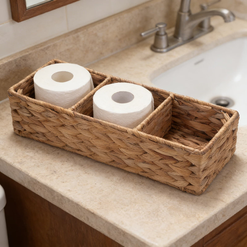 Water Hyacinth Toilet Tank Basket With 3 Dividers, Wicker Storage Organizer For Toilet Paper Rolls, Bathroom Essentials, And Home Decor