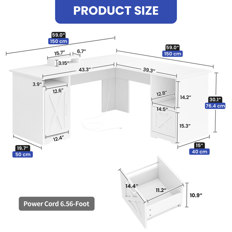 Aimaan L-Shaped Computer Desk with Power Outlet, White