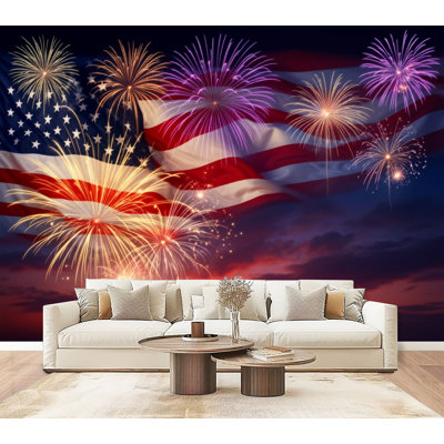 Peel and Stick Wallpaper American Flag Fireworks Sunset Sky Patriotic Celebration Art Wall Murals 69"H x 96"W Removable PVC Wall Paper Self-Adhesive Wall Decor for Bedroom Living Room Home Office