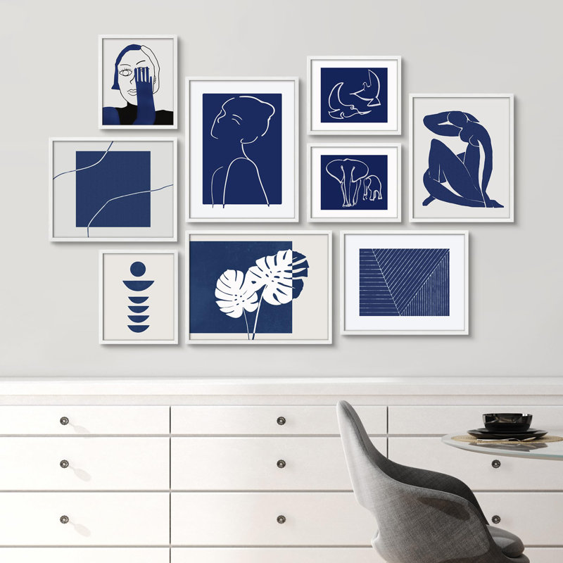 Bleu, sérénité, ligne abstraite en bleu et blanc, illustrations, art moderne, petit décor, Blanc